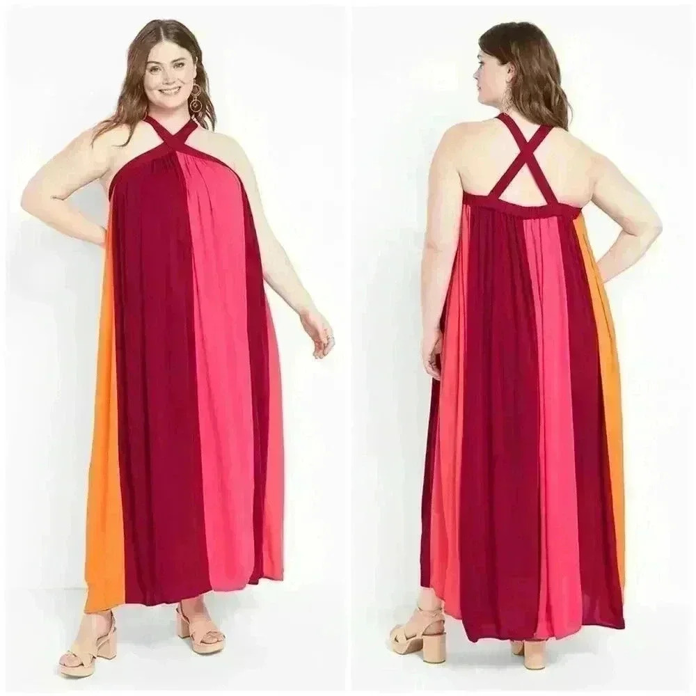 NWOT LANE BRYANT halter colorblock maxi dress size 26 28 pink